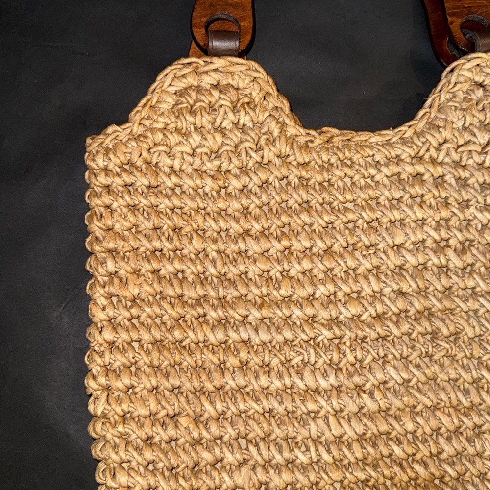 Boho Woven Straw Handbag Wooden Handle Summer Beach Purse - Picture 6 of 8